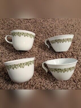 Corelle White Mugs with Olive Green Floral Band - Set of 4